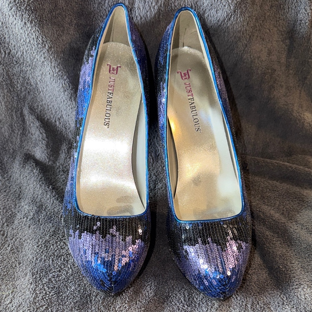 JustFab Black, Purple and Blue Sequin Holiday Heels